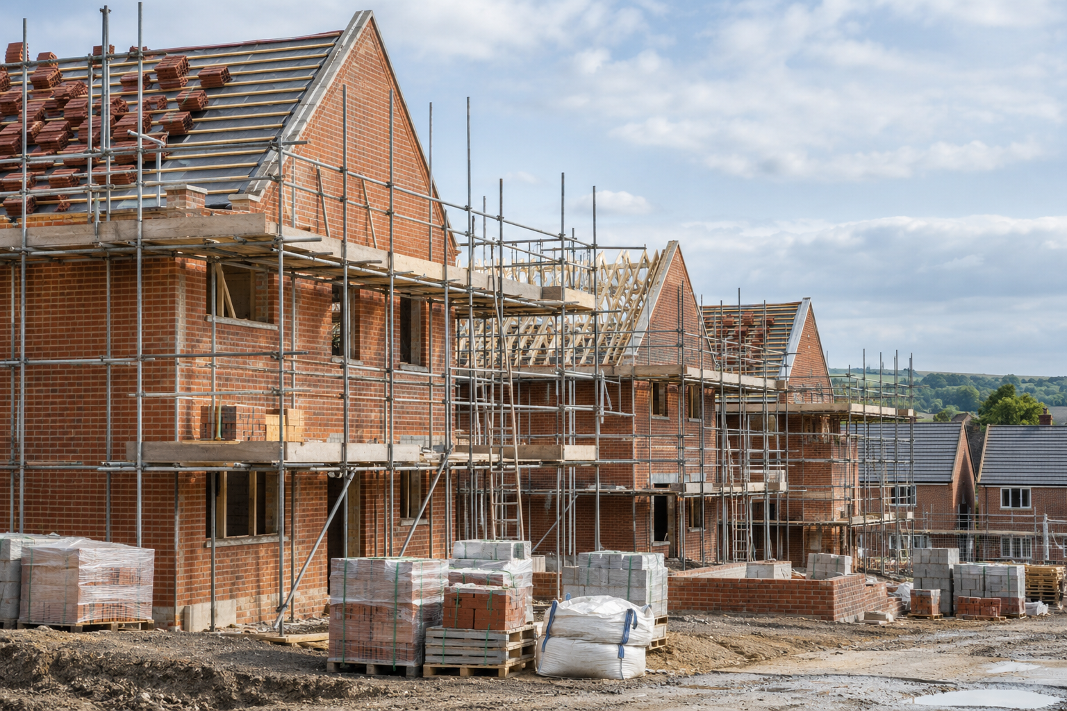 Illustration of UK brick homes under construction with scaffolding
