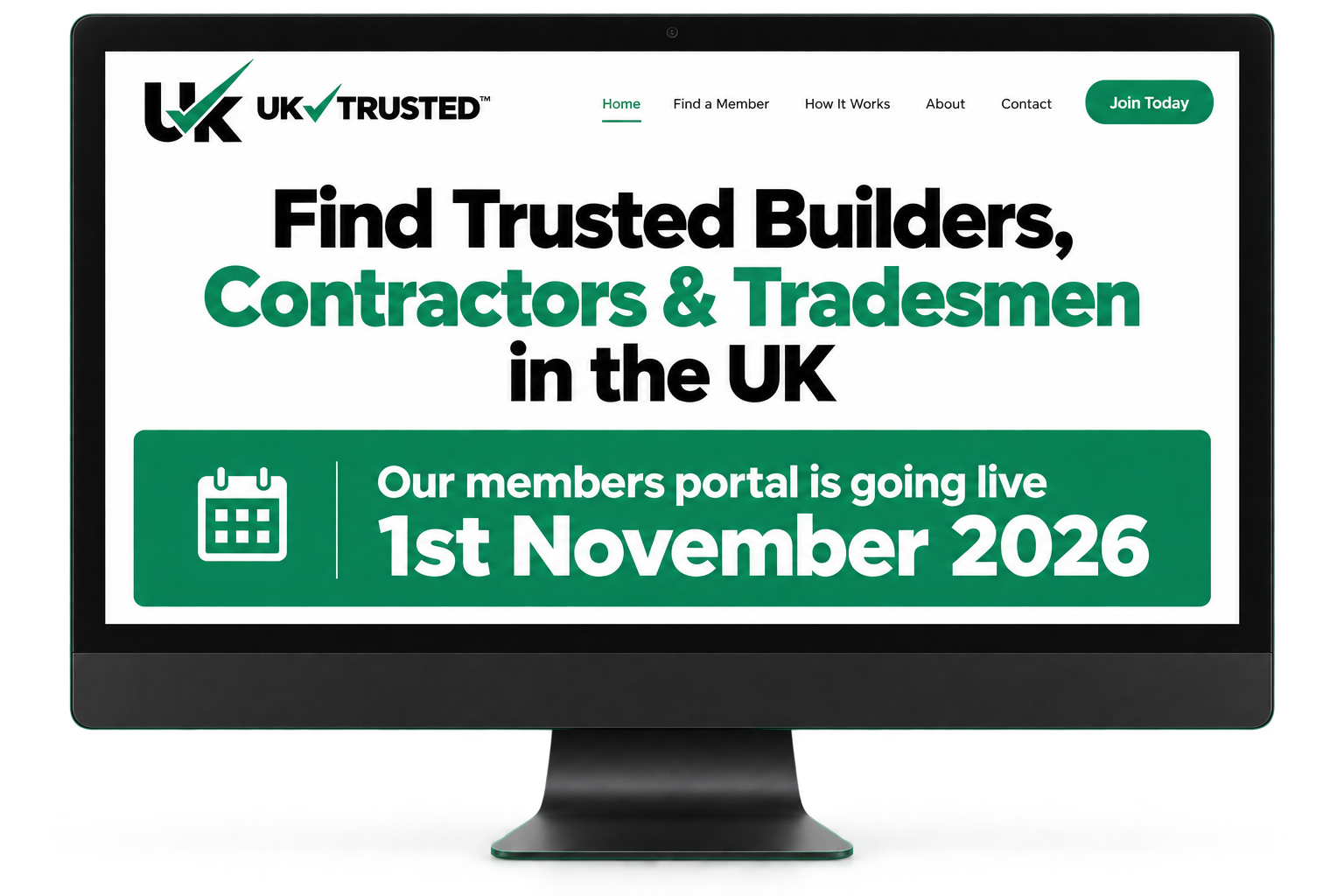 Black iMac-style display showing the UK Trusted™ homepage