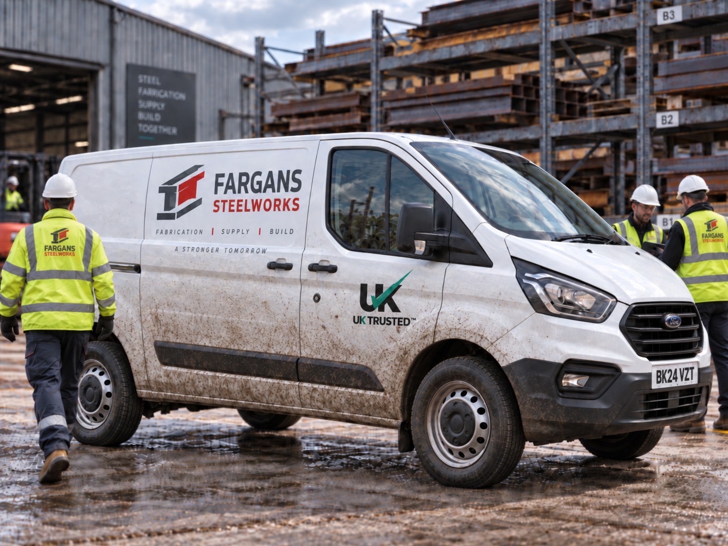 UK Trusted™ branding on a van at a steel fabrication yard